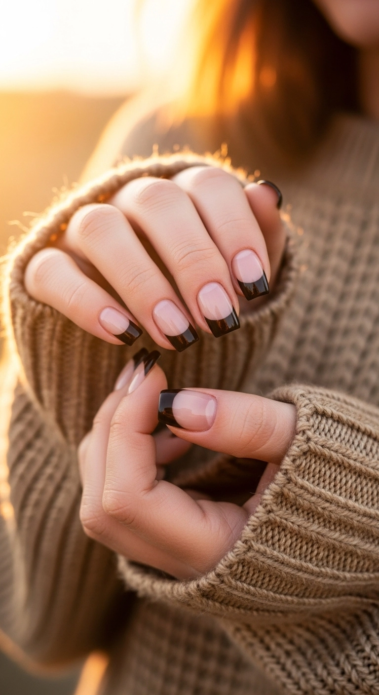 A cozy shot of a woman's short square nails with deep, bold black french tips.