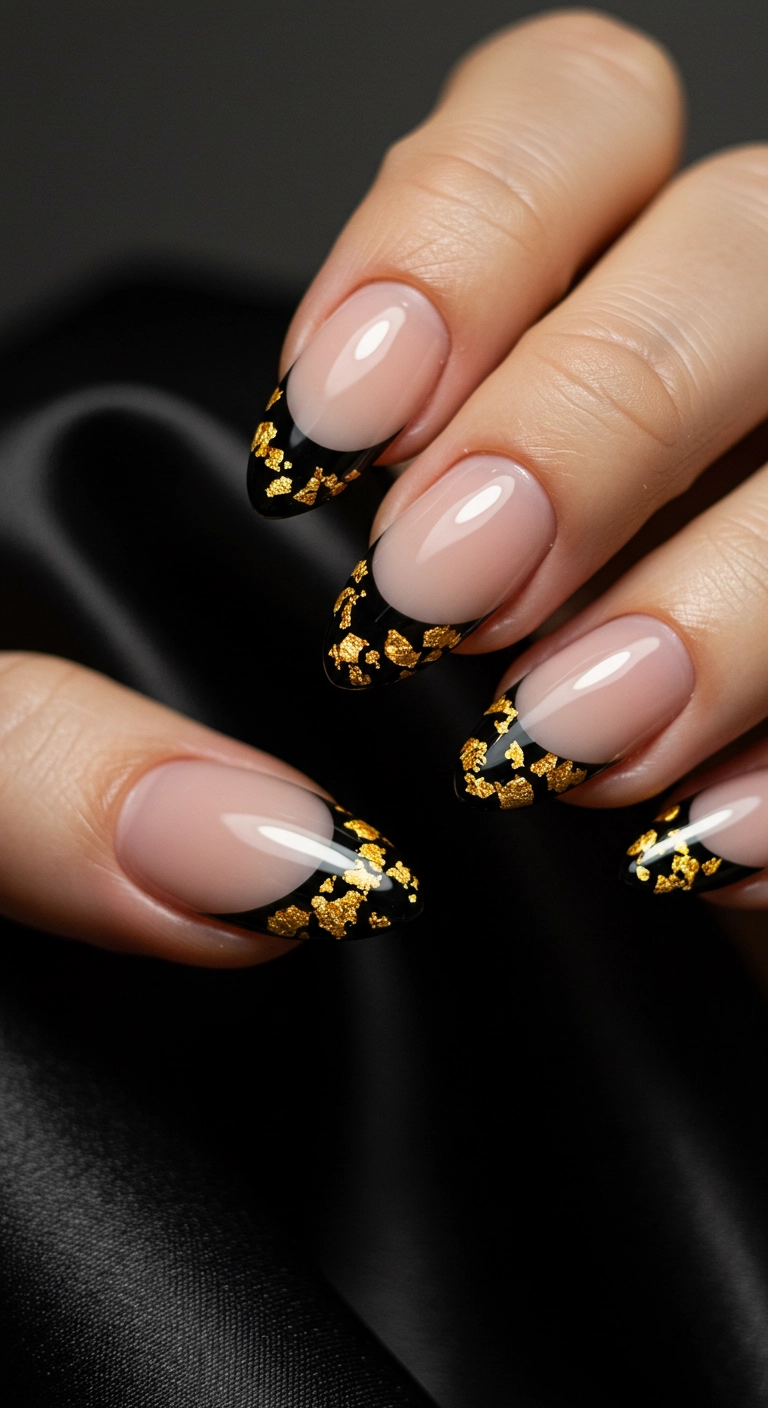 A luxurious macro shot of almond nails with black french tips adorned with gold foil flakes.