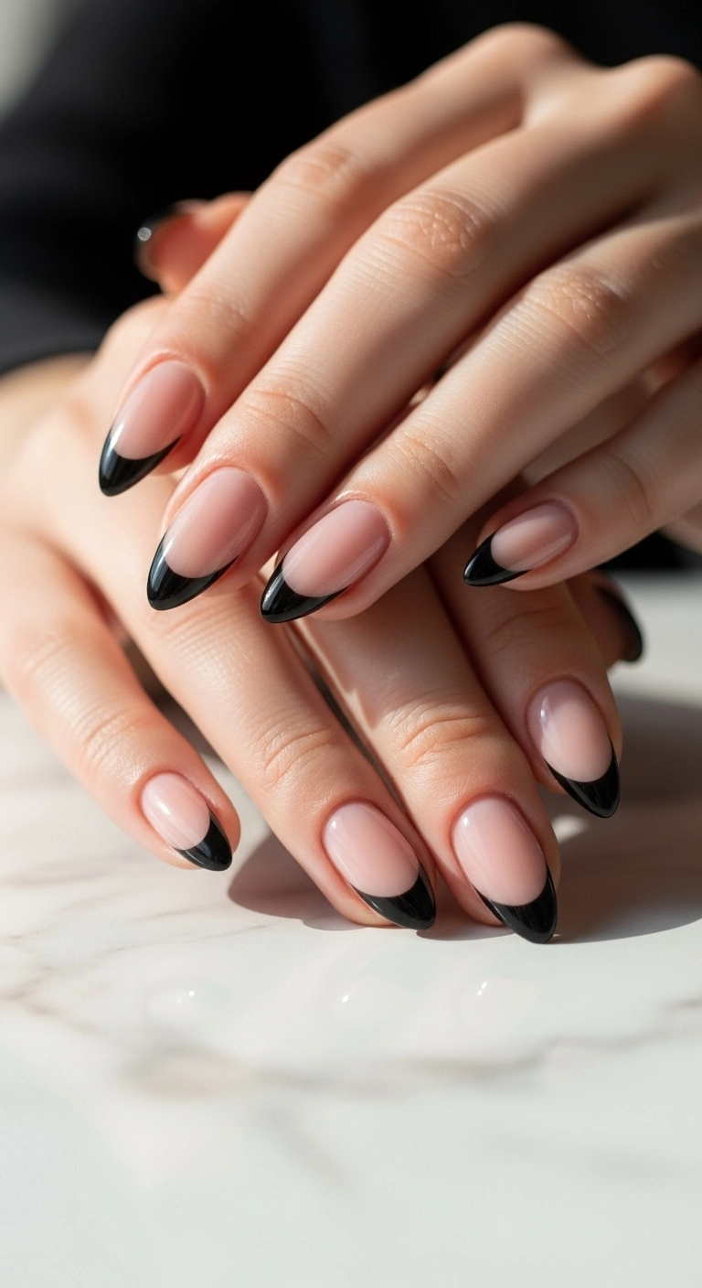 A close-up shot of a woman's hands showcasing classic glossy black french tip nails on a marble table.