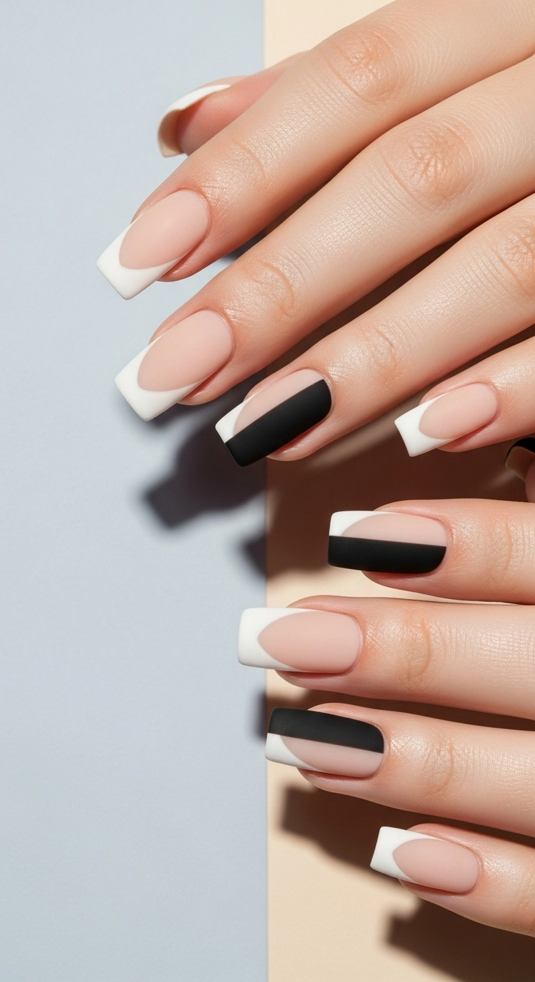 A graphic look at square nails with a split french tip, half black and half white.