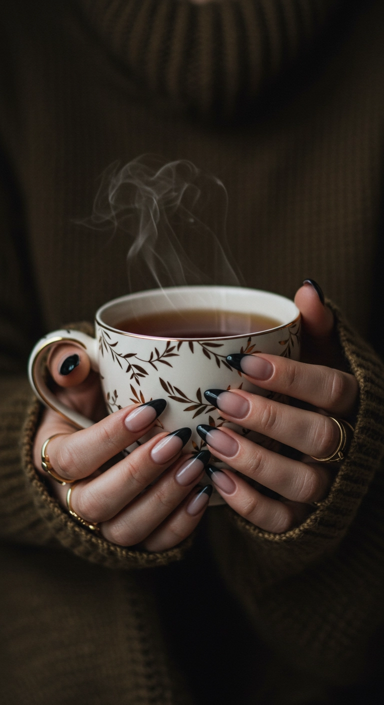 A close-up of long almond nails with a beautiful black ombré french tip design.