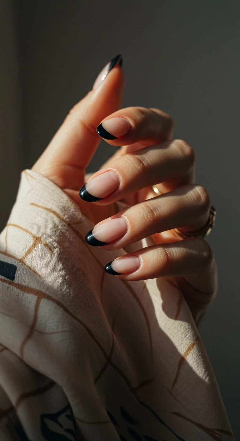 A close-up of oval nails with very thin and delicate micro black french tips.