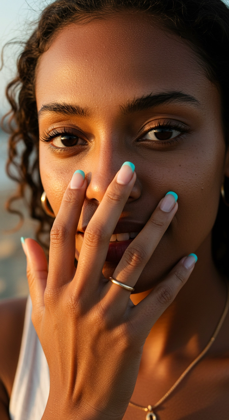 Extra short round nails with a very thin micro french tip in teal blue.
