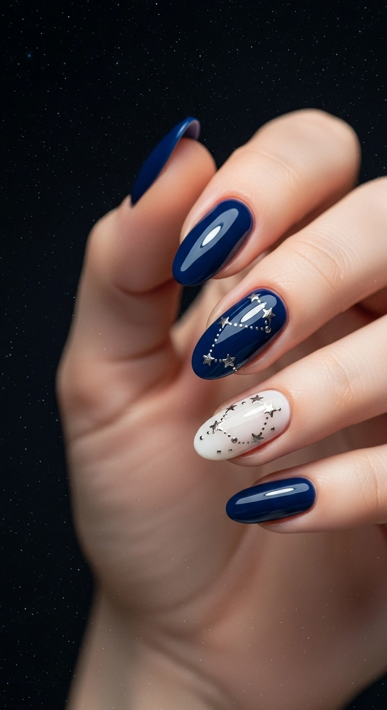 Long oval nails with midnight blue French tips and silver constellation art on accent nails.