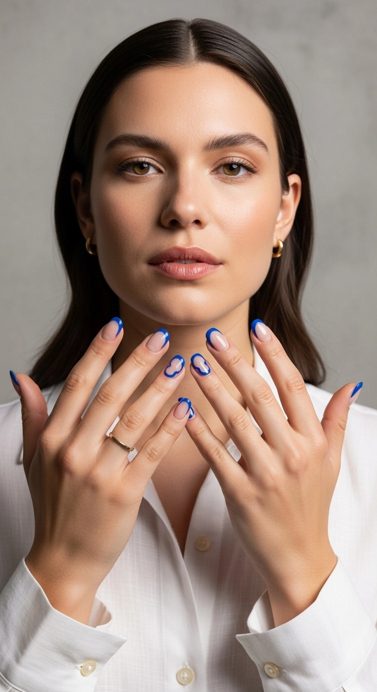 Round nails with an abstract, wavy cobalt blue french tip design.