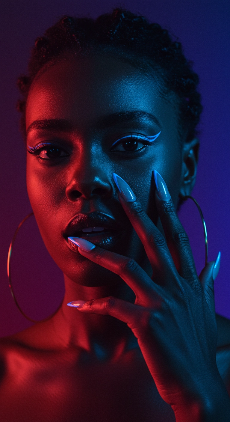 Stiletto nails with a sharp electric blue line down one side, creating a side French manicure.