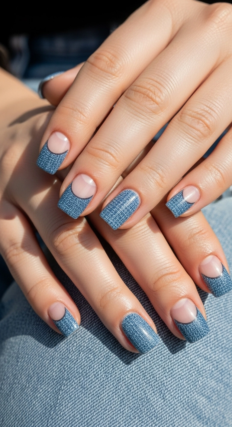 Short square nails with denim blue French tips that have a subtle textured finish.
