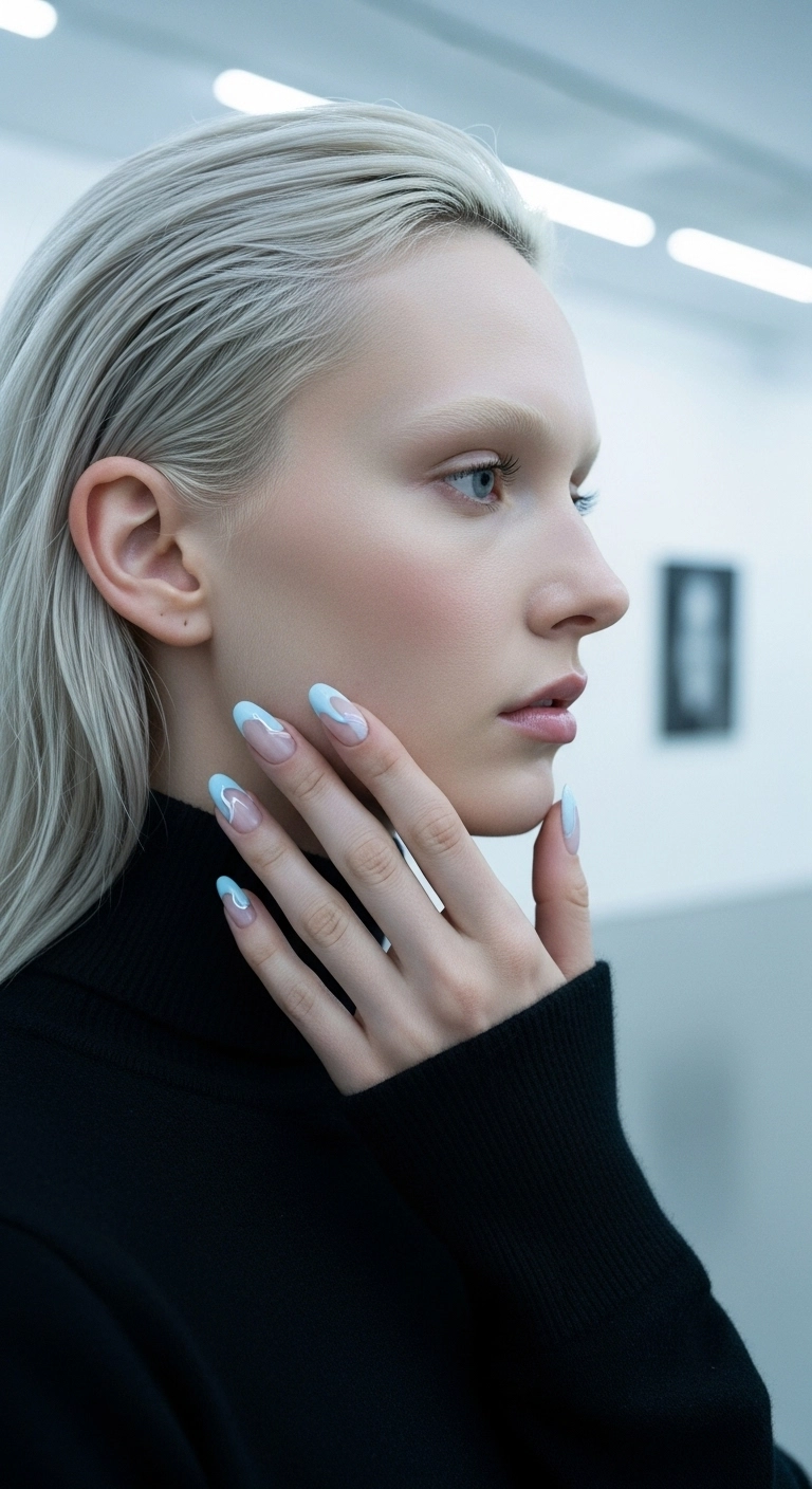 Almond nails with an asymmetrical, curved icy blue french tip design.