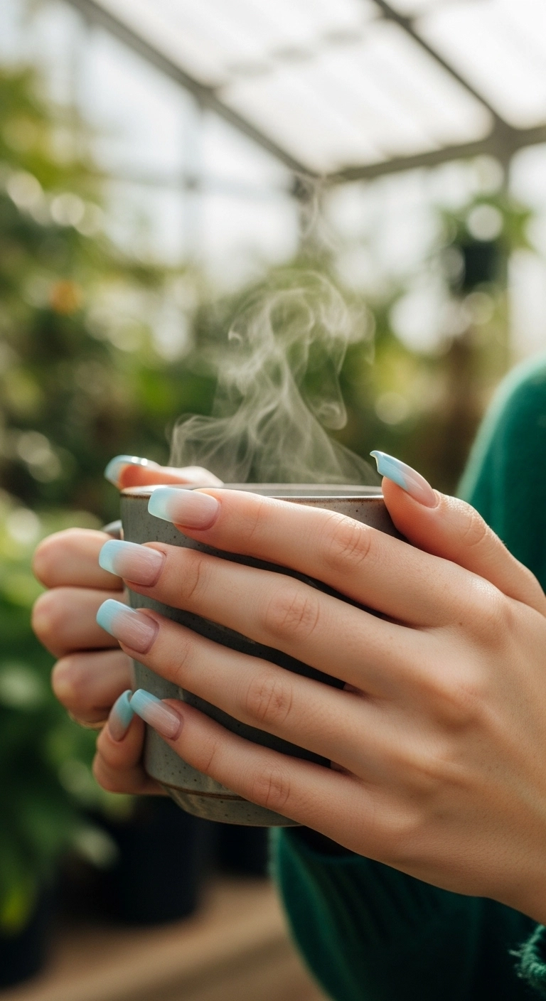 Long tapered square nails with a soft baby blue ombré french tip.