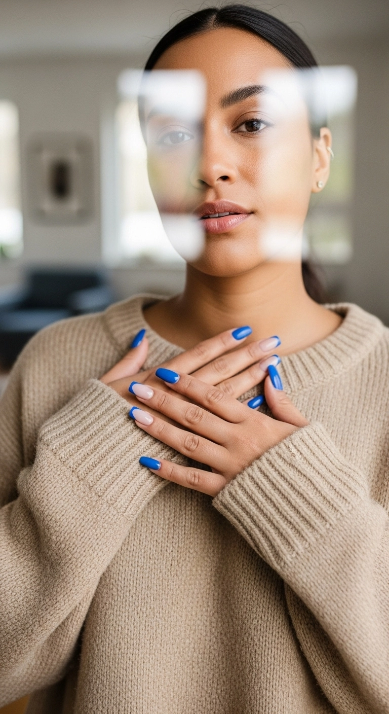 Squoval nails with cornflower blue French tips in a velvety matte finish.
