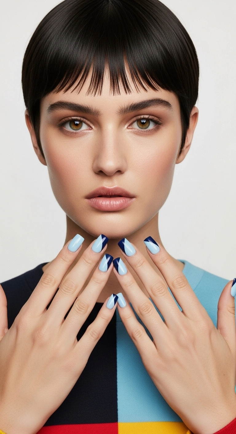 Short square nails with a diagonal split two-tone blue French tip, using light and dark blue.