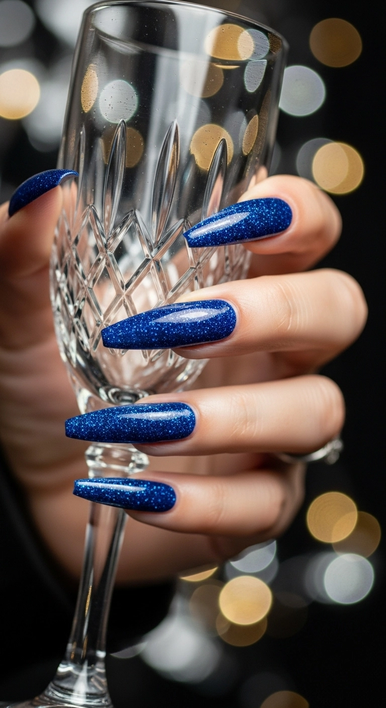 Long stiletto nails with sparkling sapphire blue glitter french tips.