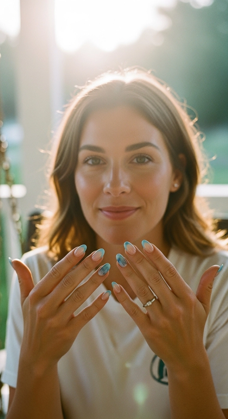 Oval nails with a soft, faded blue watercolor effect on the French tips.