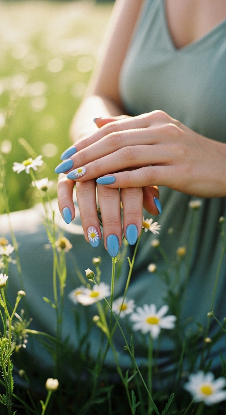 Oval nails with powder blue french tips and a small daisy accent nail.