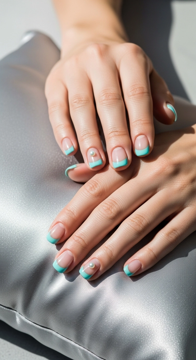 Short rounded nails with Tiffany blue French tips and a tiny pearl accent at the base.