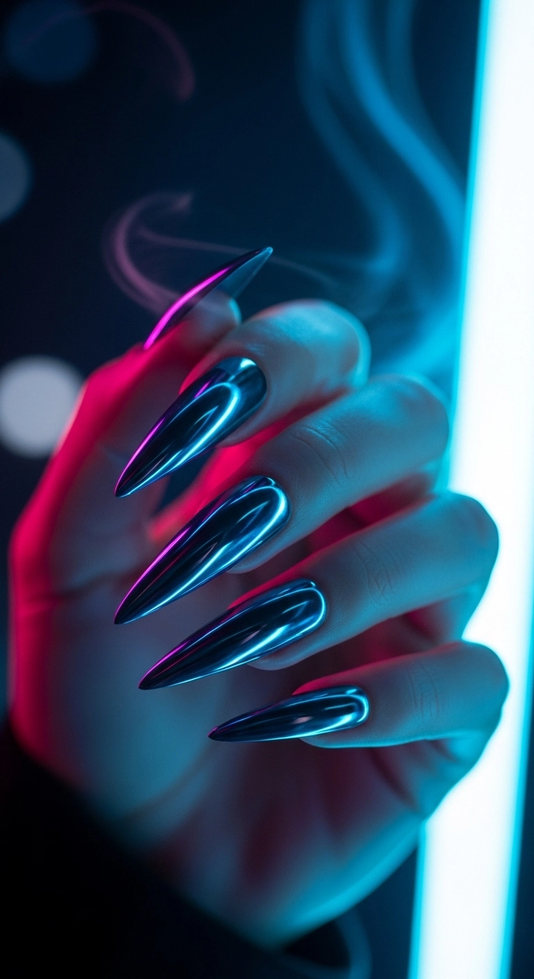 Stiletto nails with a futuristic and reflective blue chrome finish.