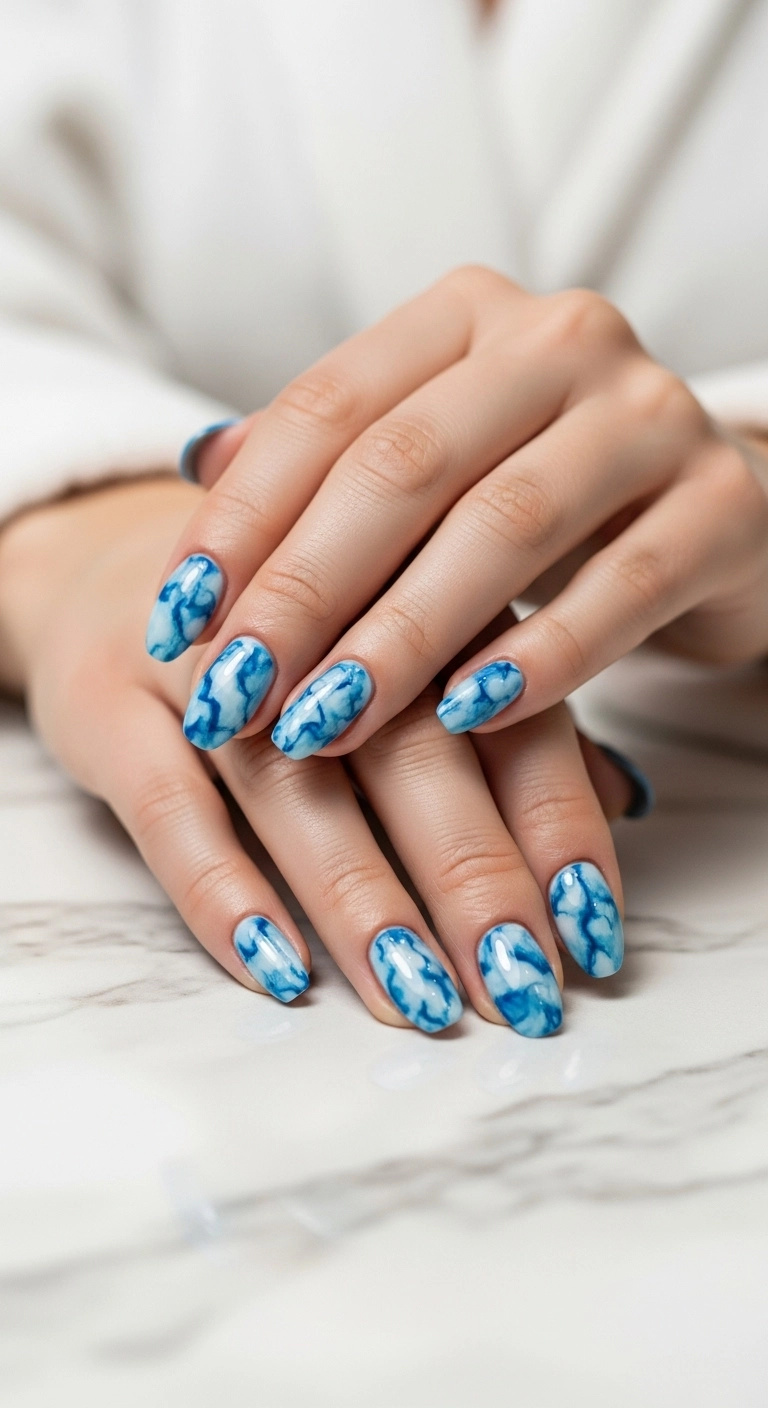 A close-up of squoval nails with a chic blue and white marble design.