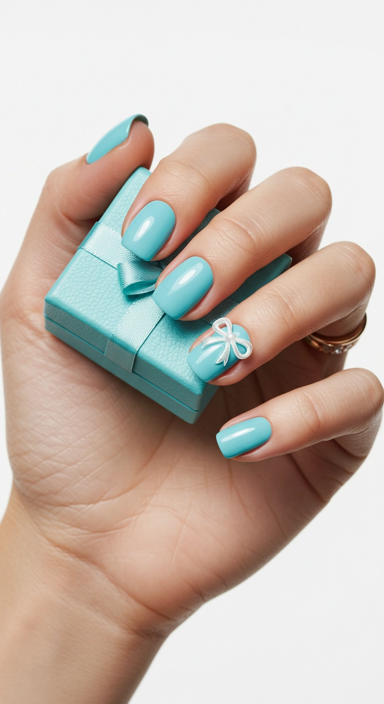 Square nails in Tiffany blue with a cute white bow accent on the ring finger.