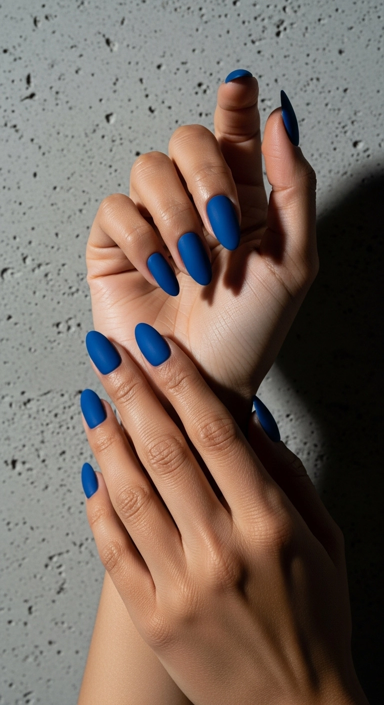 A woman's hands with striking matte royal blue nails against a concrete wall.