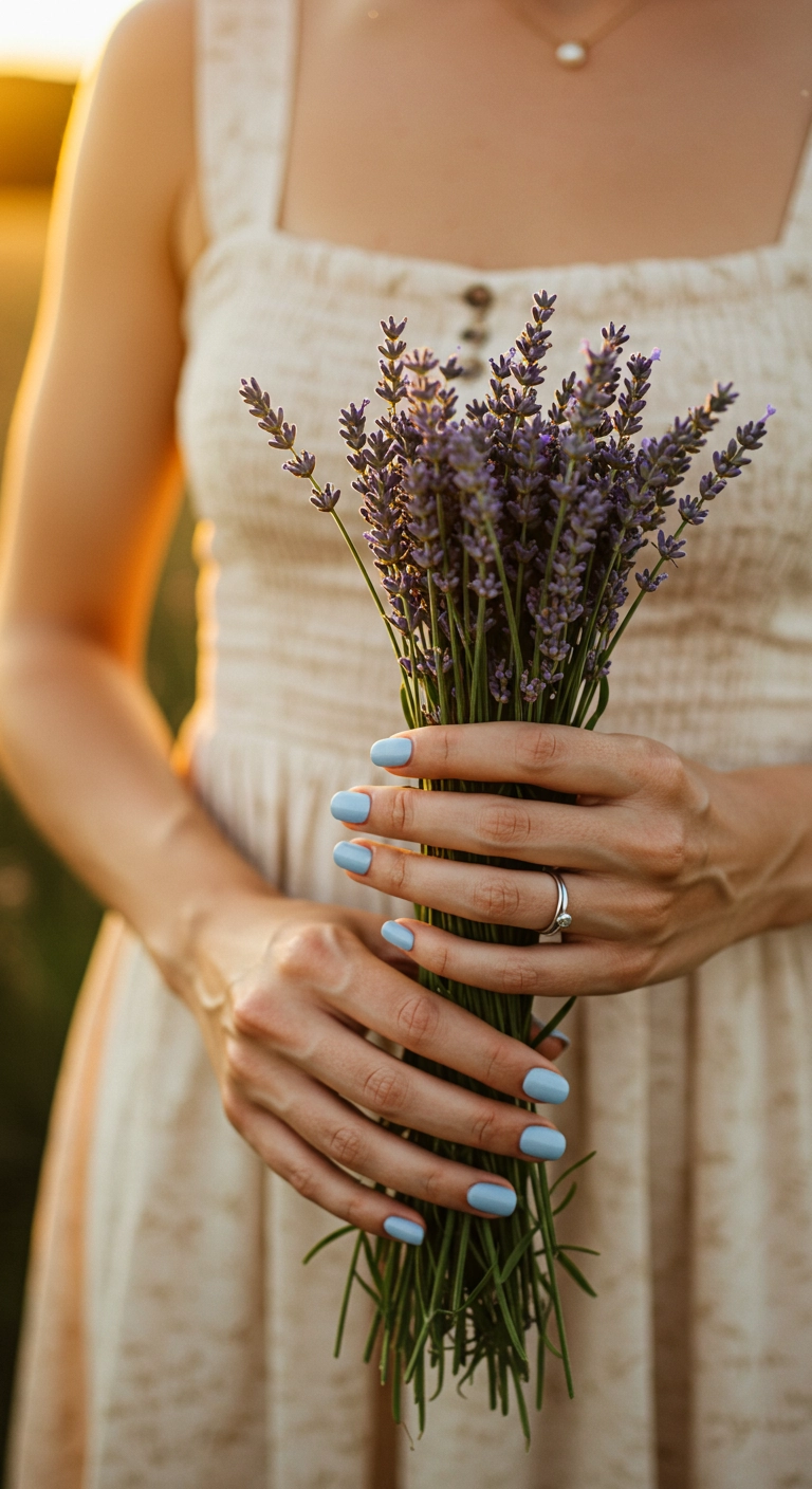 A woman's hands holding lavender, showing off her periwinkle blue nails.