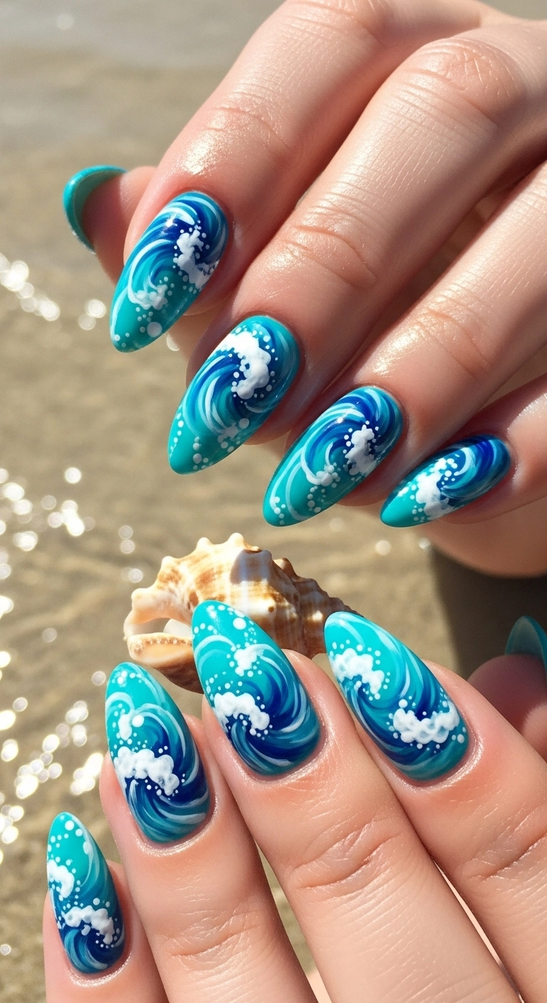 Intricate ocean wave art on almond-shaped blue nails.