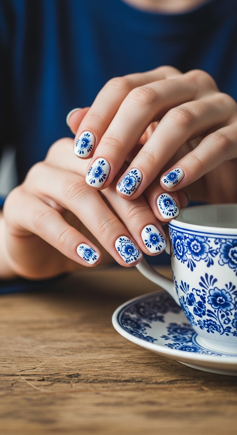 Short nails with a beautiful hand-painted Delft blue floral pattern.