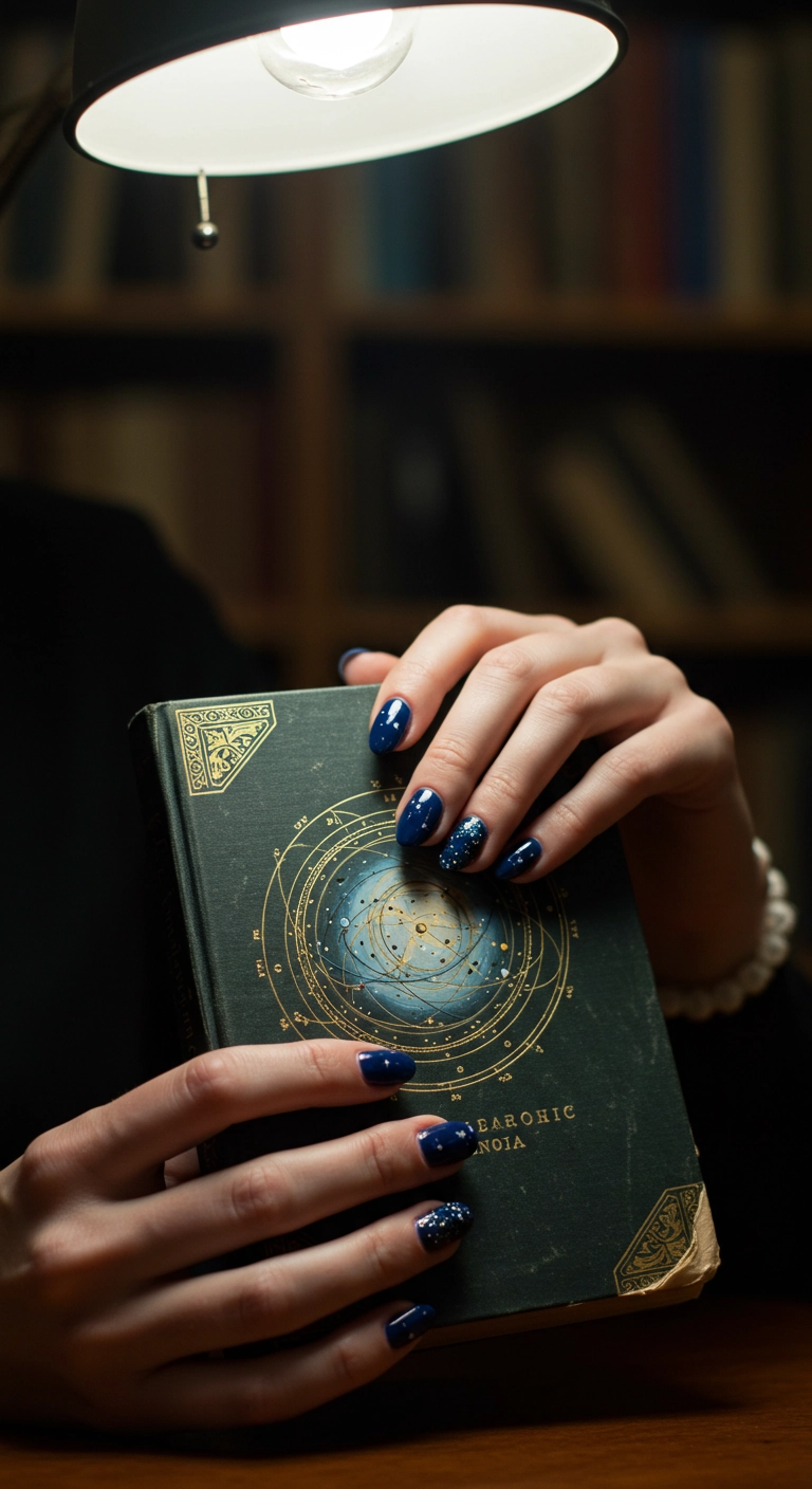 Elegant oval nails with a starry night sky design in deep blue and silver glitter.