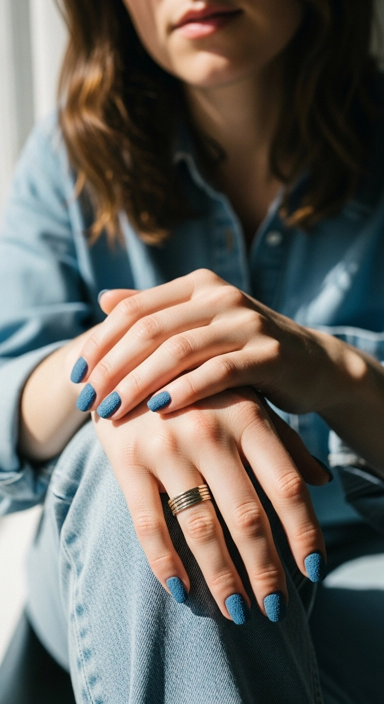 A woman's hands showing off short nails with a matte denim blue polish.