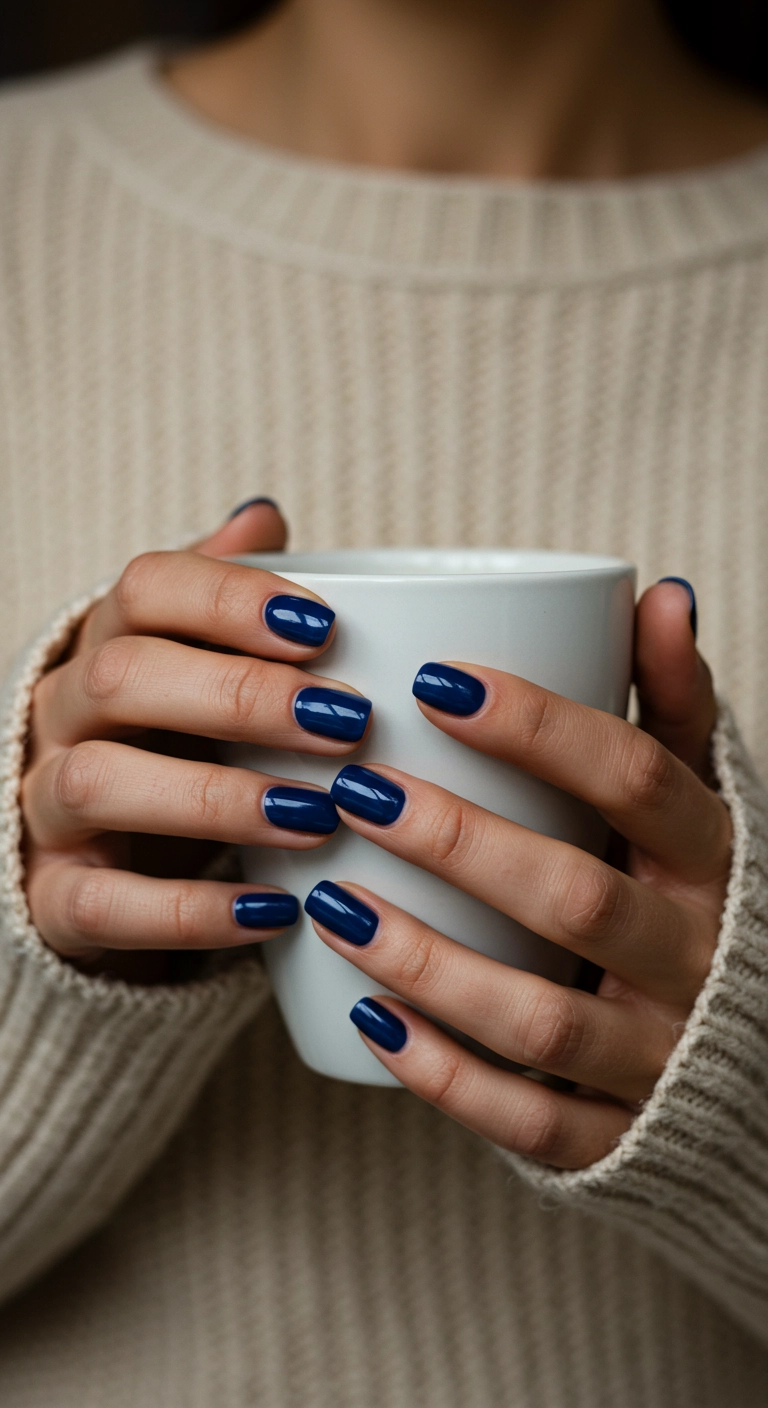 A close-up of a woman's hands with classic navy blue nails holding a coffee mug.