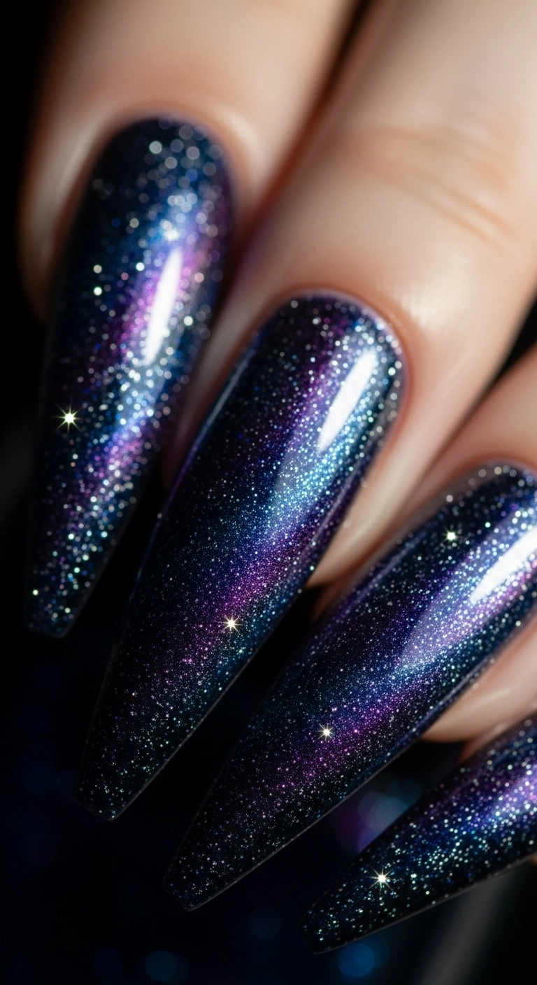 Stiletto nails with a hyper-realistic deep blue and black galaxy design with silver glitter.
