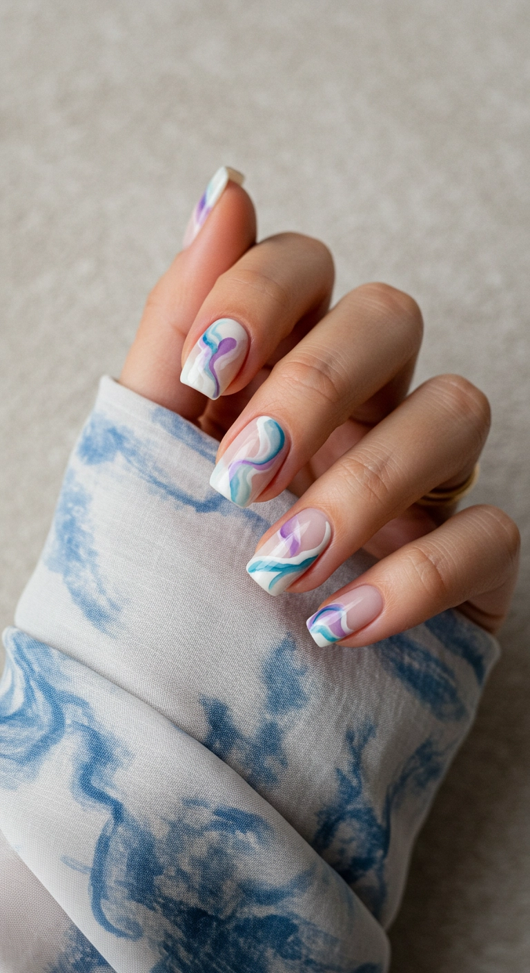 Square nails with a dreamy, ethereal blue and lavender watercolor swirl design.