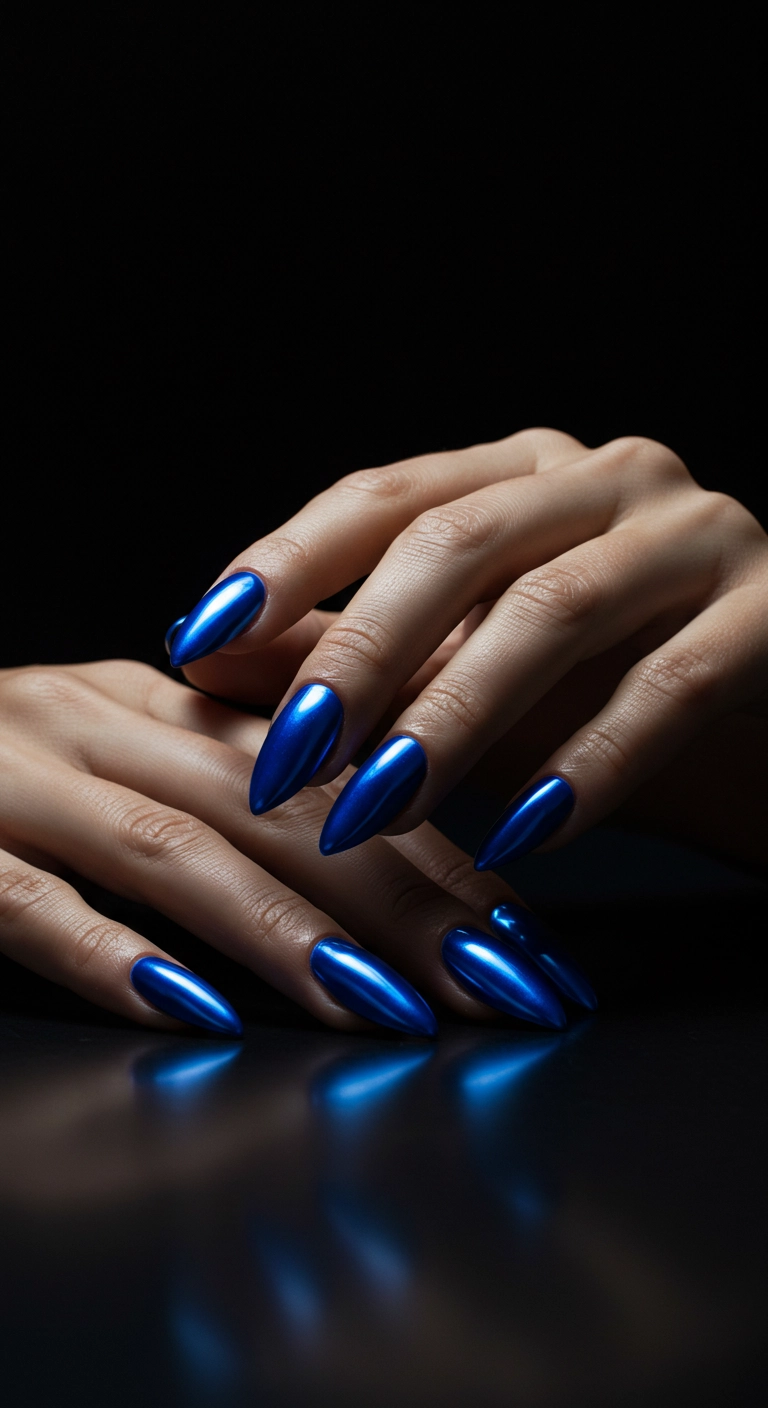 Stiletto nails with a highly reflective, futuristic cobalt blue chrome finish.