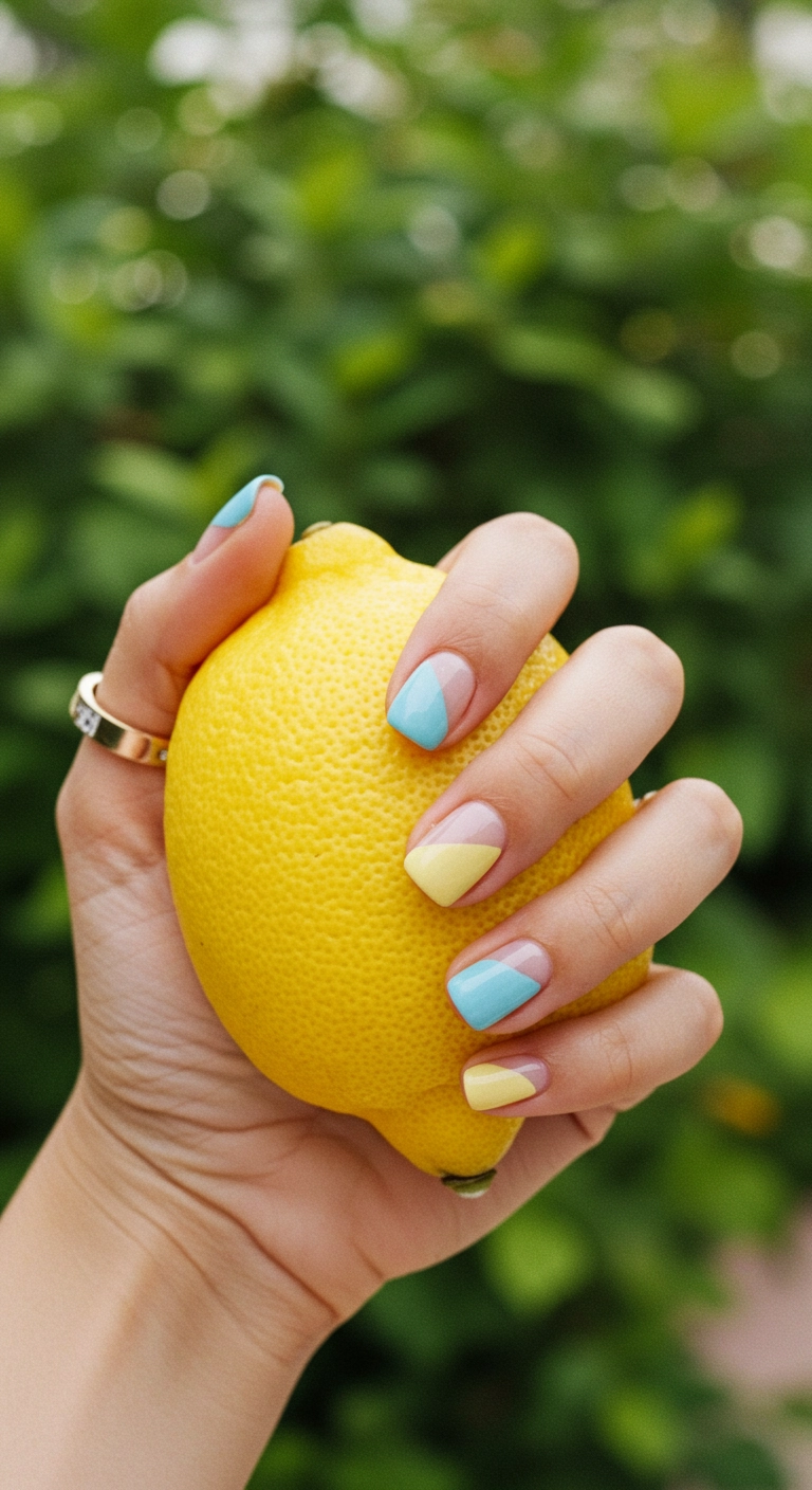 Short square nails with a fun and summery pastel blue and yellow colorblock design.