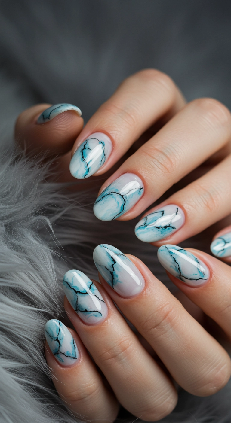 Oval nails with a hyper-realistic, glossy blue and white marble stone design.