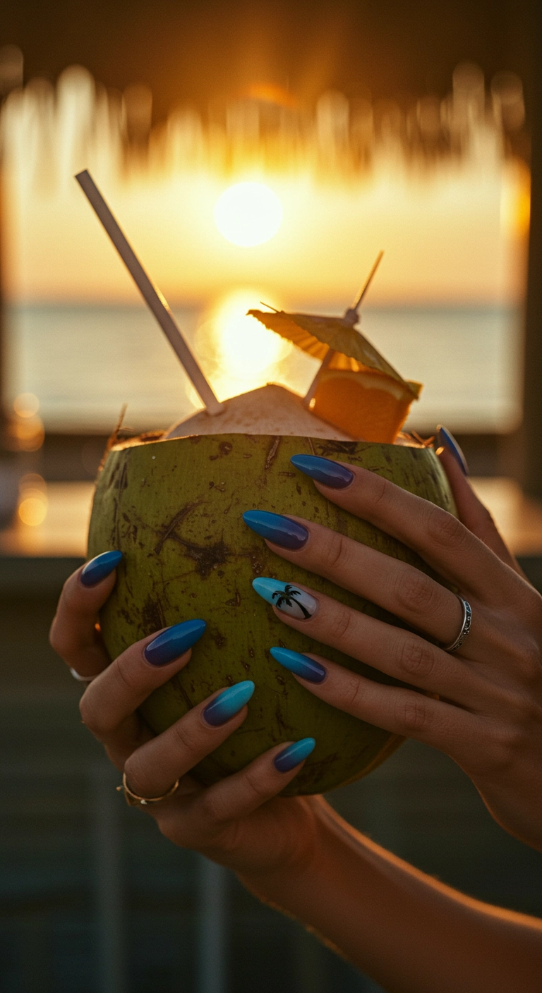 Almond nails with a blue ombre sunset effect and a black palm tree silhouette accent nail.