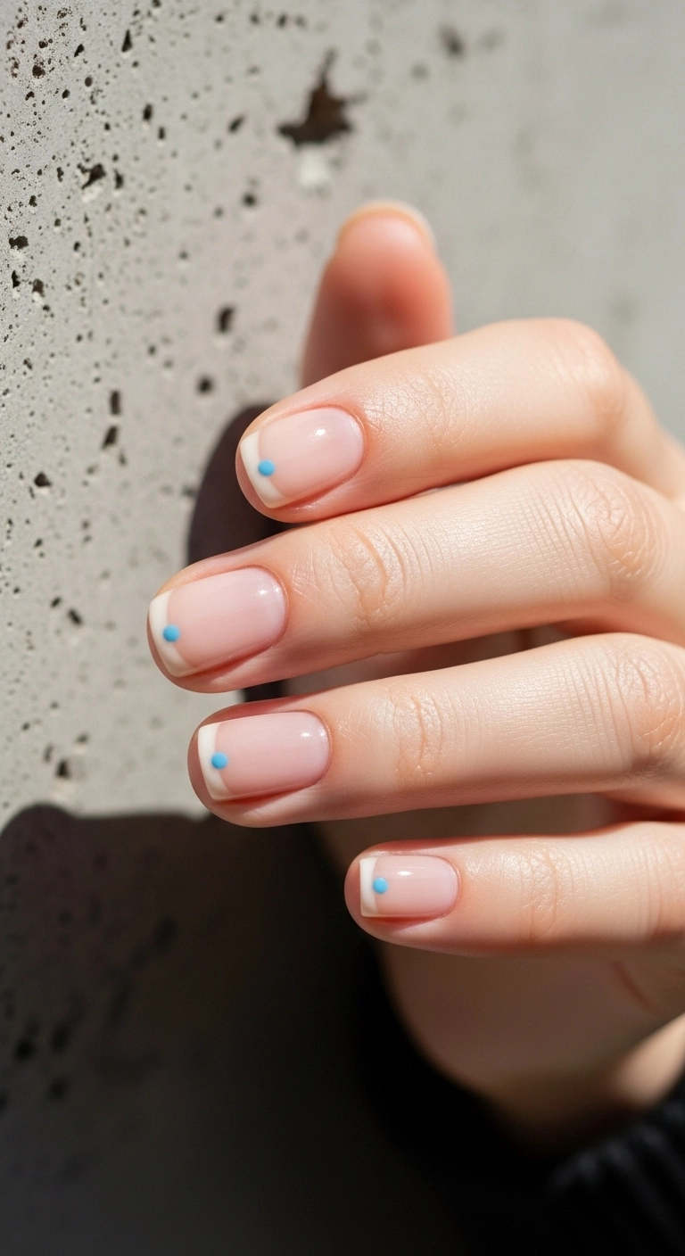 Short, natural nails with a minimalist design featuring a single sky blue dot at the base.