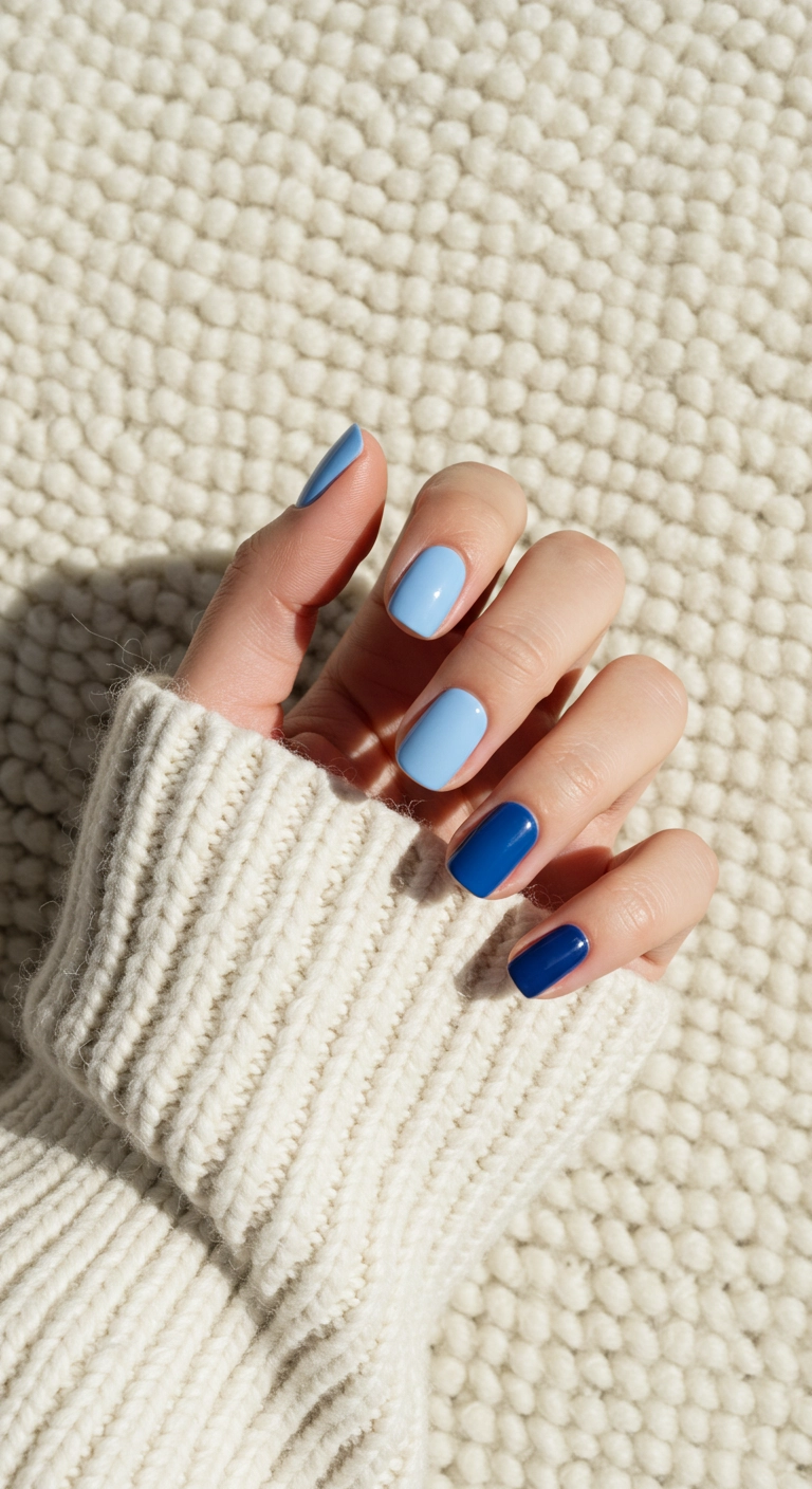 A hand with each nail painted a different solid shade of blue, creating a gradient effect across the fingers.