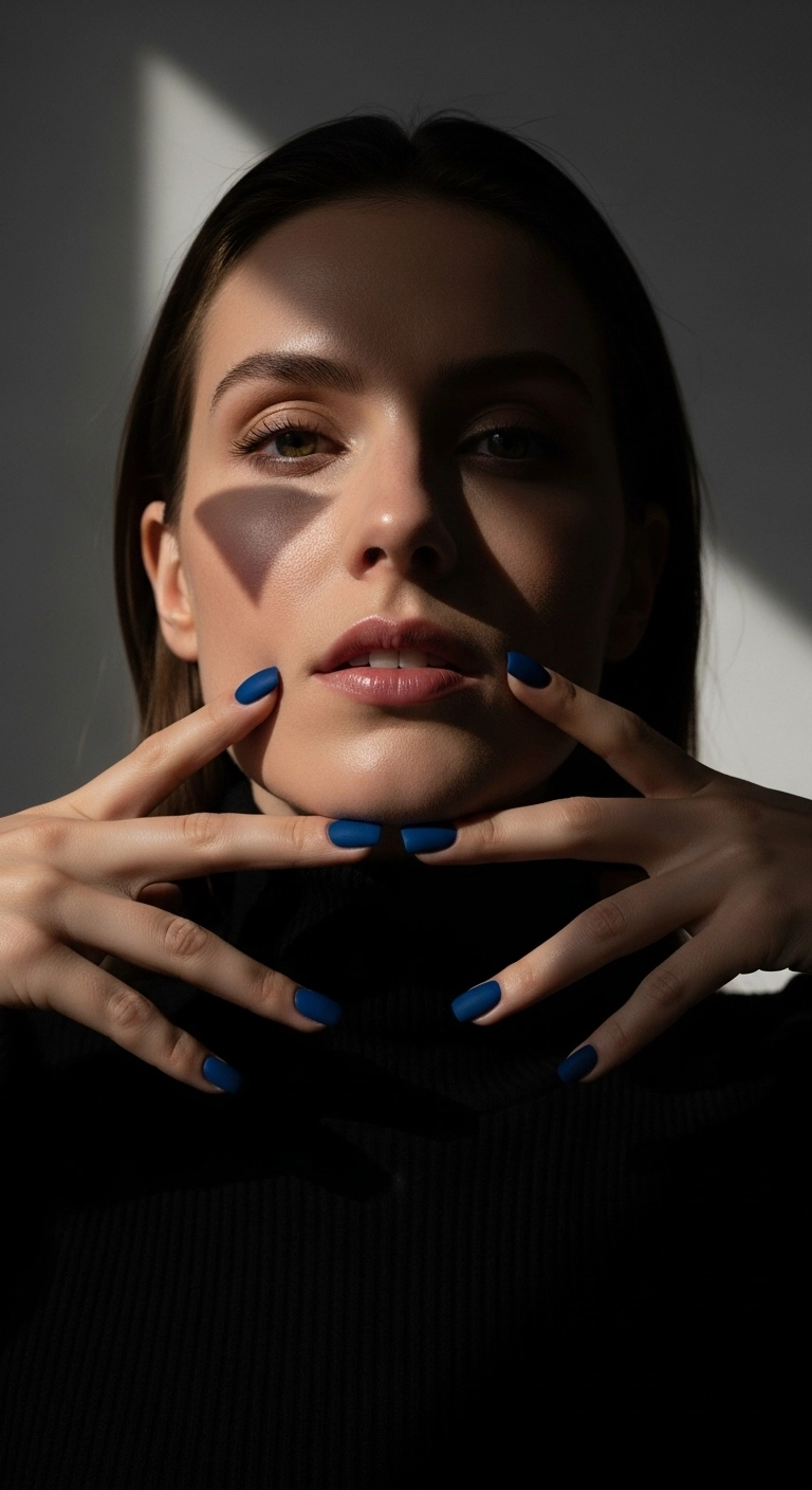 Short square nails painted in a bold, deep cobalt blue with a non-reflective matte top coat.