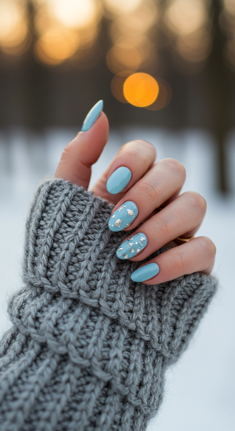 Oval nails in a periwinkle blue shade with embedded silver leaf flakes.
