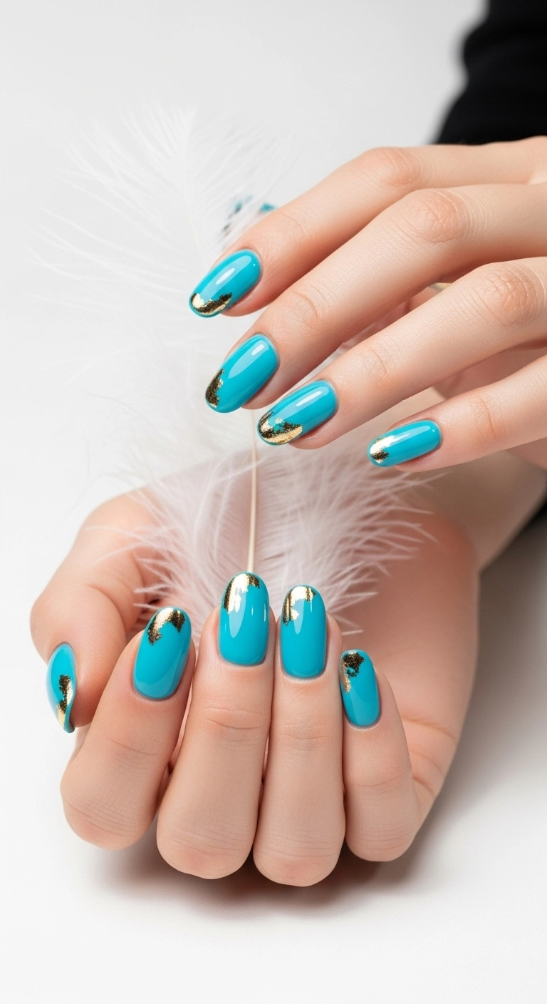 Squoval nails in a solid robin's egg blue with touches of gold foil on the corners.