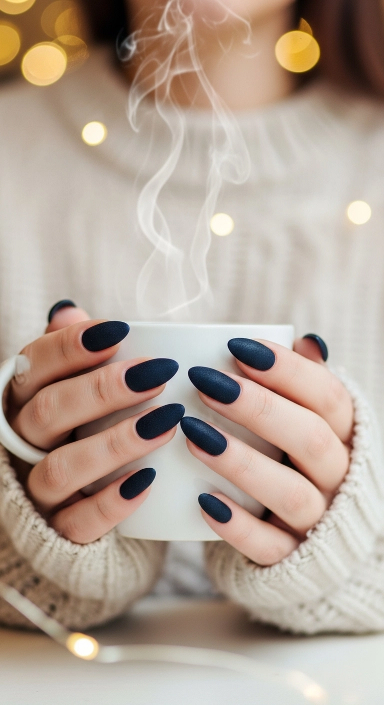 A close-up of almond-shaped nails with a textured midnight navy velvet finish.