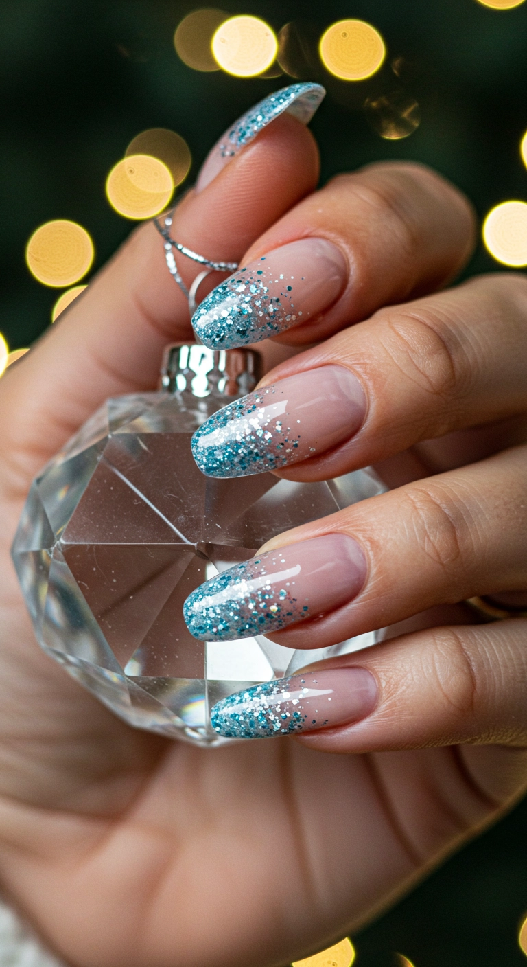 Almond-shaped nails with a clear base and a dense icy blue glitter gradient at the tips.