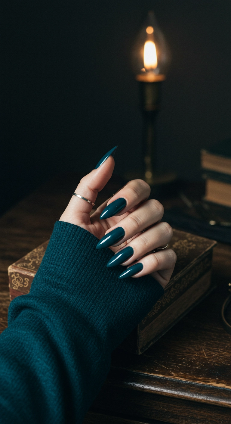 Long stiletto nails with a glossy, deep and rich teal blue polish.