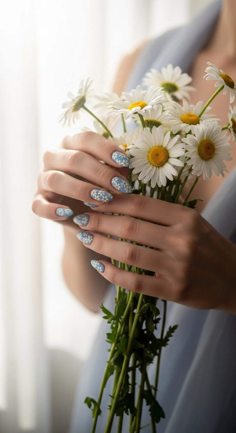 Almond-shaped nails in a soft cornflower blue, decorated with tiny white daisy patterns.
