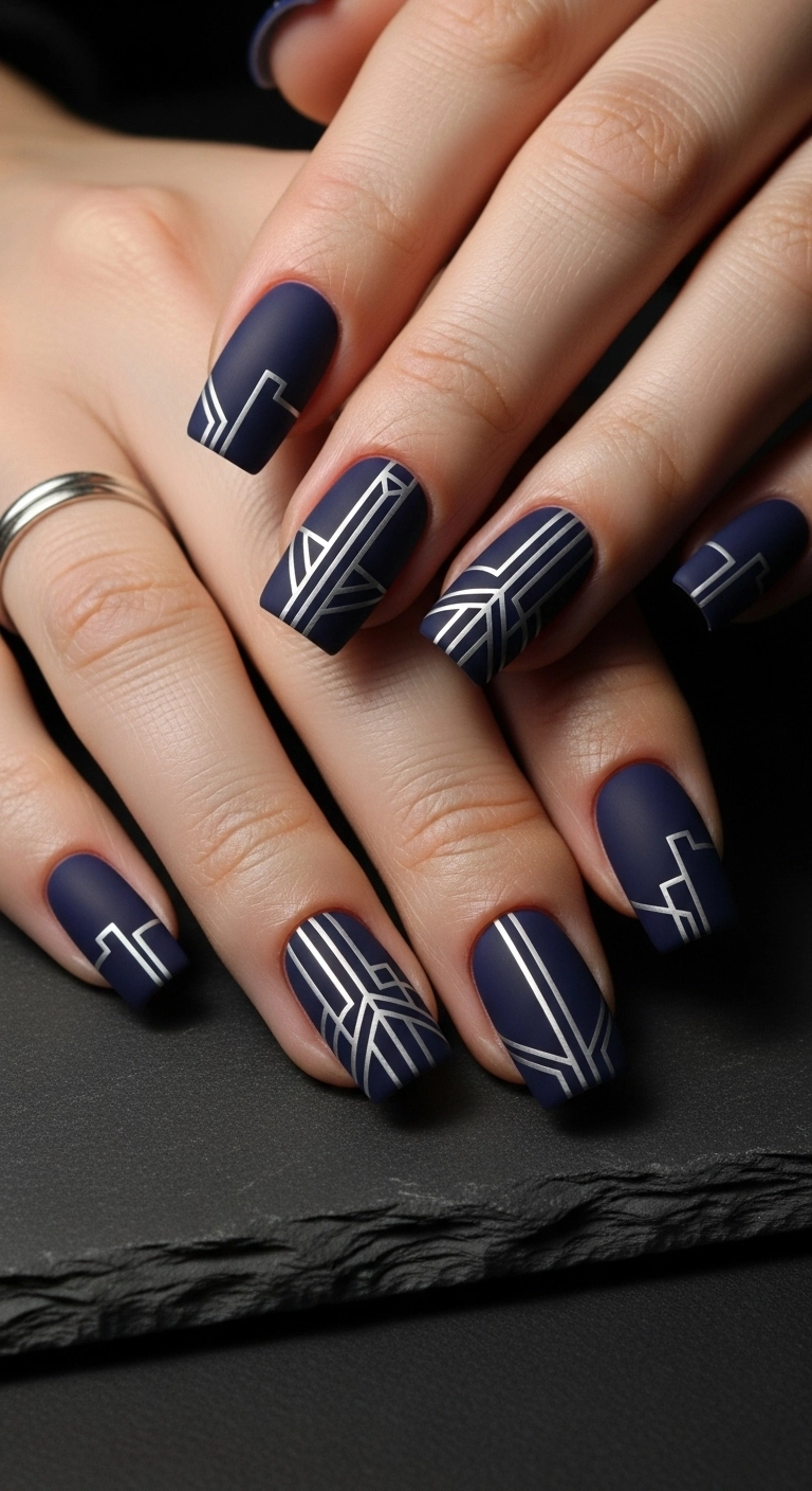 Square nails with a matte navy base and precise, metallic silver geometric line art.