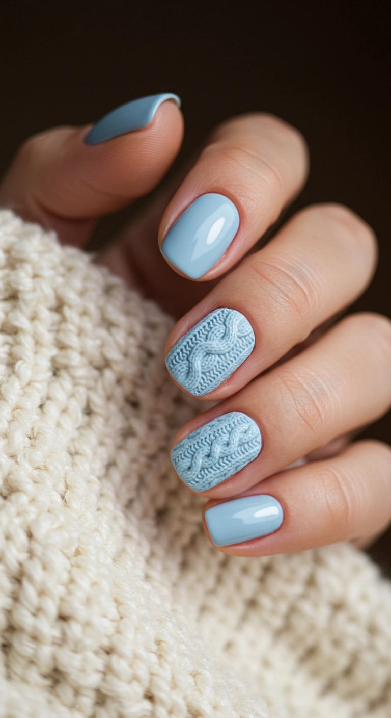 Soft baby blue nails with a realistic 3D cable knit sweater pattern on one nail.