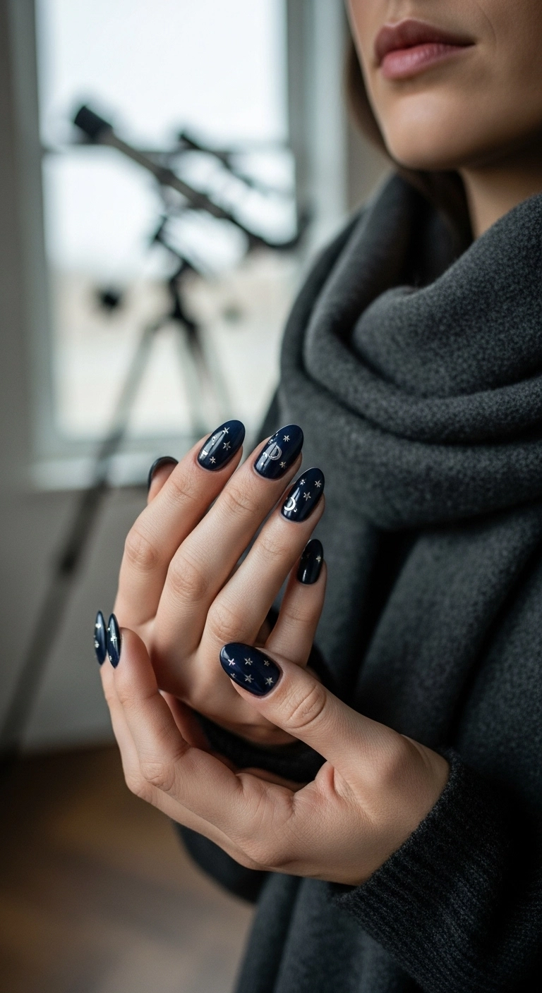 Oval-shaped navy blue nails decorated with tiny silver stars and moons.