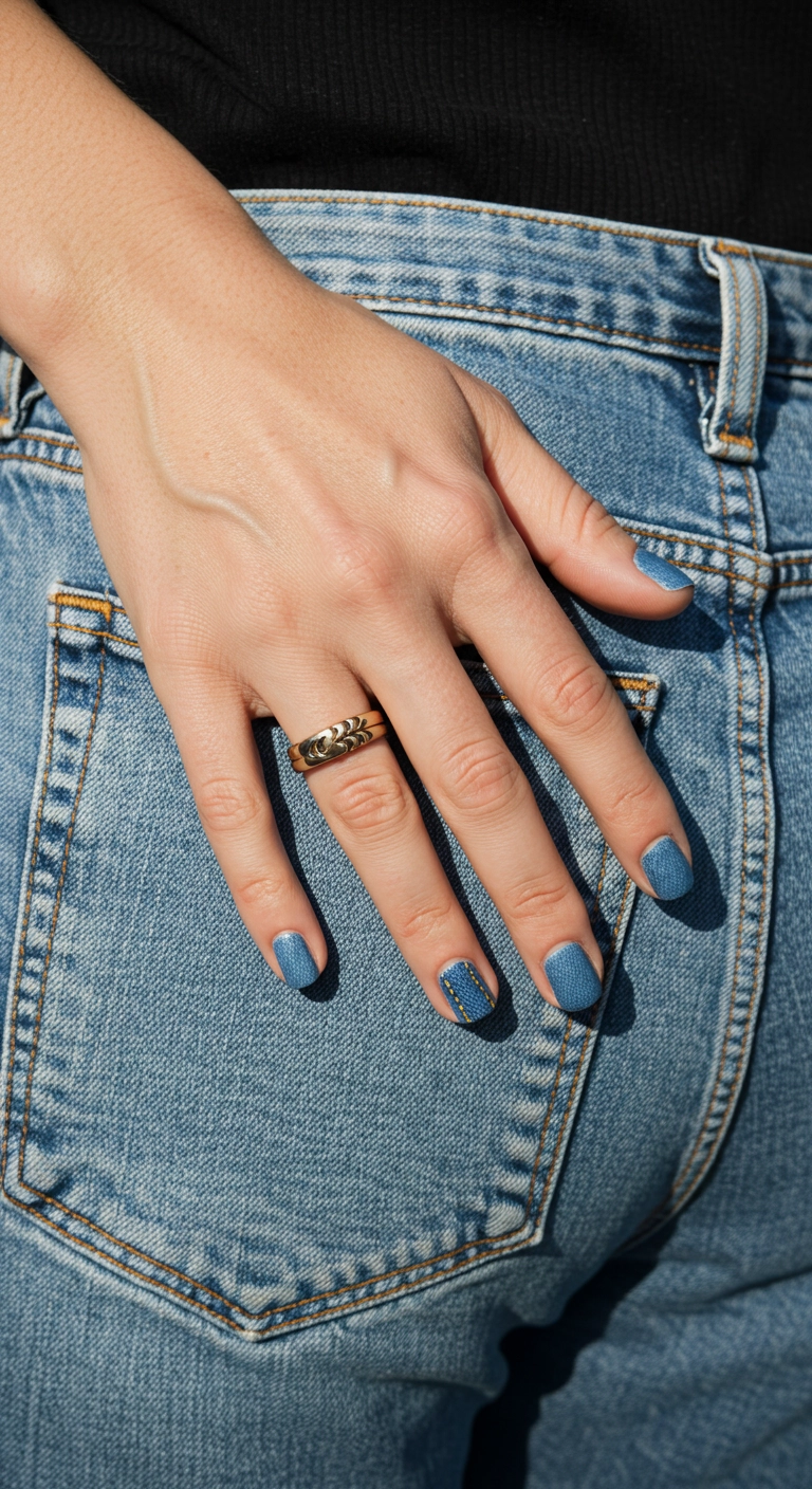 Short rounded nails painted with a realistic blue denim texture, including fine stitch details.