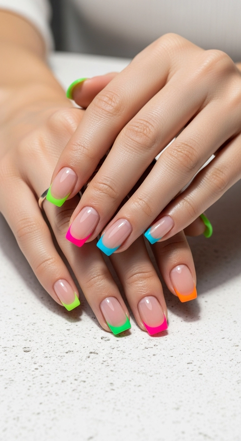 Modern French manicure with mismatched neon colored tips on a sheer nude base.