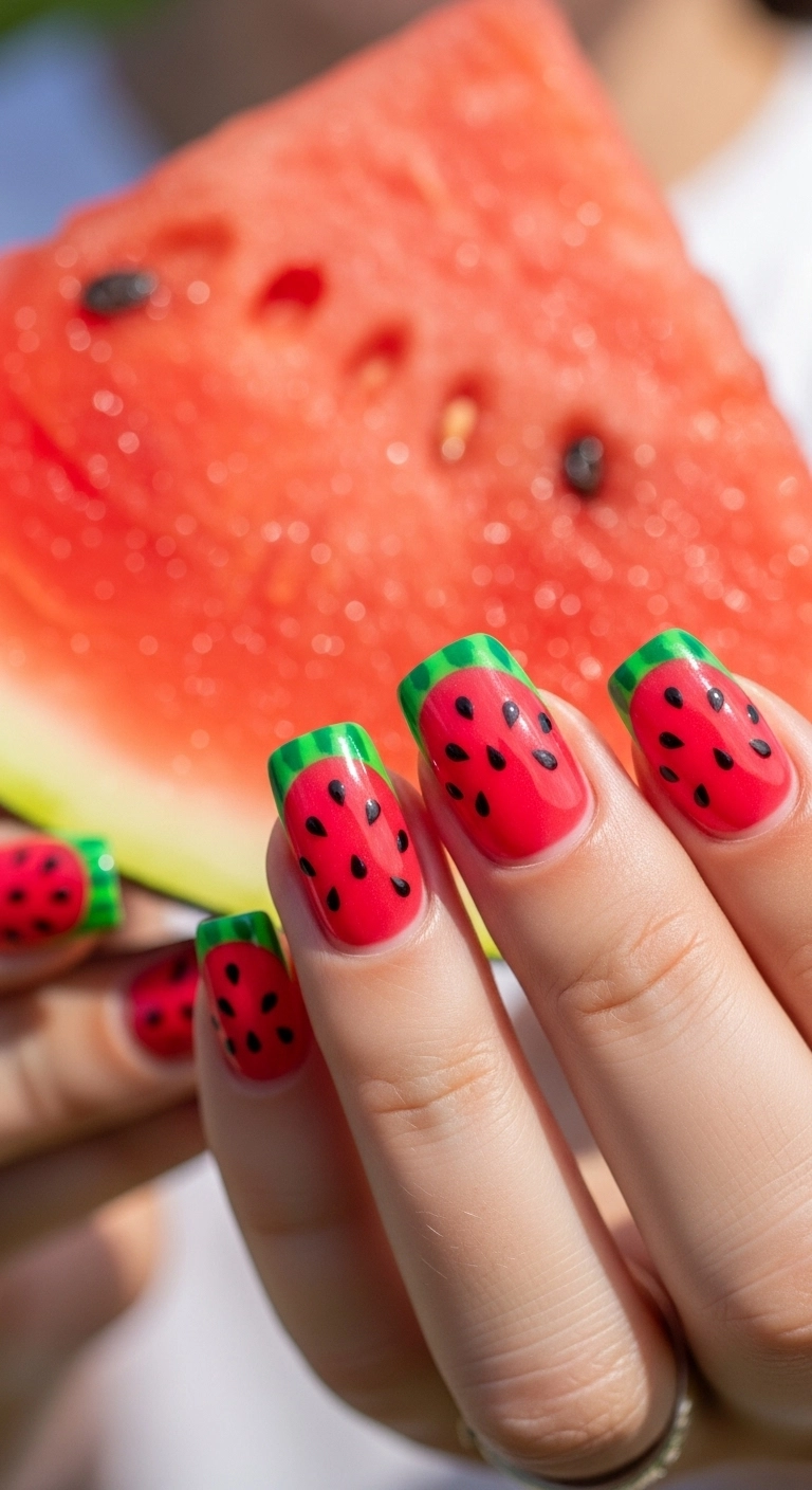 Close-up of short nails painted to look like cute watermelon slices.